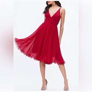 Brand New! Dress the Population Garnet Alicia Chiffon V-Neck Lace Hem Midi